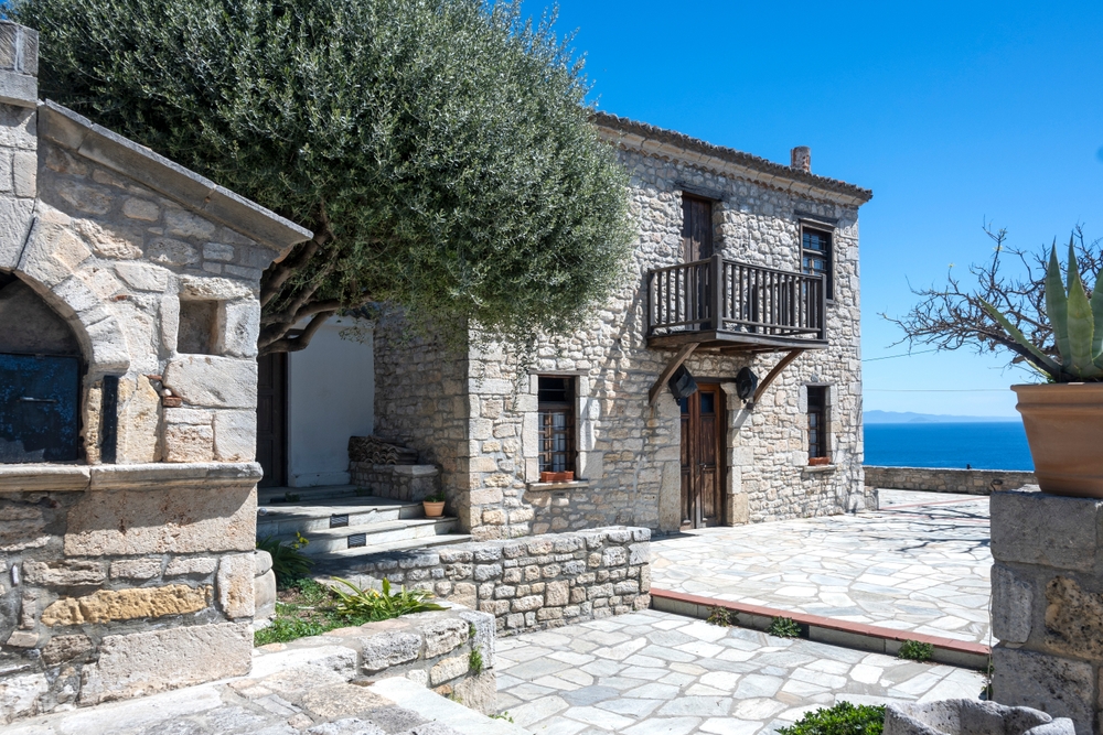 Panorama historycznego miasta Afytos, Kassandra, Chalkidiki, Grecja